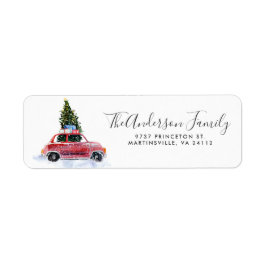 Rode Auto met Kerstboom Retouradreslabel Etiket
