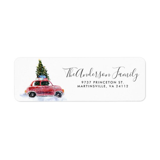 Rode Auto met Kerstboom Retouradreslabel Etiket (Voorkant)
