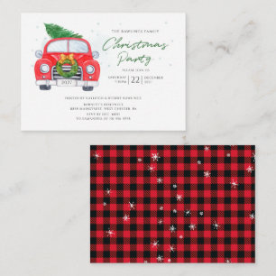 rode auto met kerstboomfamilie notitiekaartje