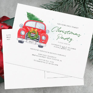 rode auto met kerstboomfamilie uitnodiging briefkaart