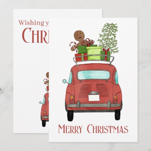 Rode auto met kerstcadeaukaartje feestdagenkaart (Voorkant / Achterkant)