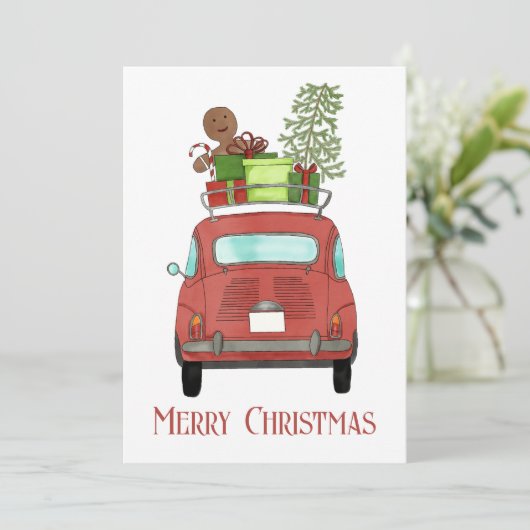 Rode auto met kerstcadeaukaartje feestdagenkaart (Staand voorkant)