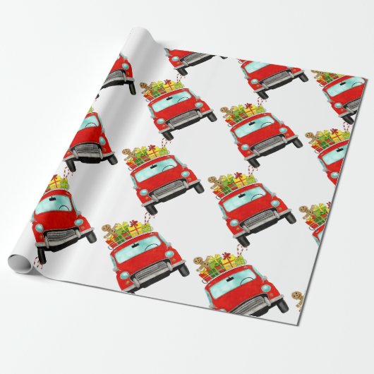 Rode auto met kerstcadeaupapier cadeaupapier (Uitgerold)