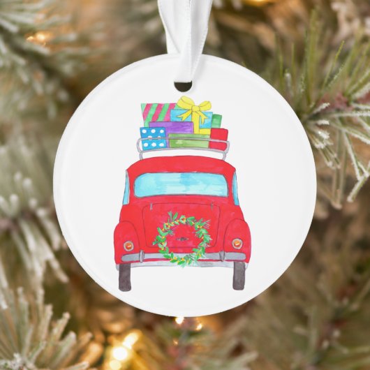Rode auto met kerstcadeaus aquarel ornament (Boom)