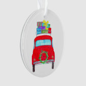 Rode auto met kerstcadeaus aquarel ornament (voorkant)