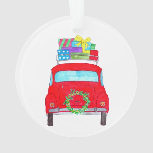 Rode auto met kerstcadeaus aquarel ornament (achterkant)