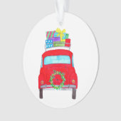 Rode auto met kerstcadeaus aquarel ornament (voorkant)