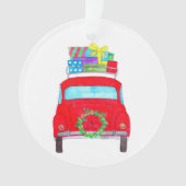Rode auto met kerstcadeaus aquarel ornament (voorkant)