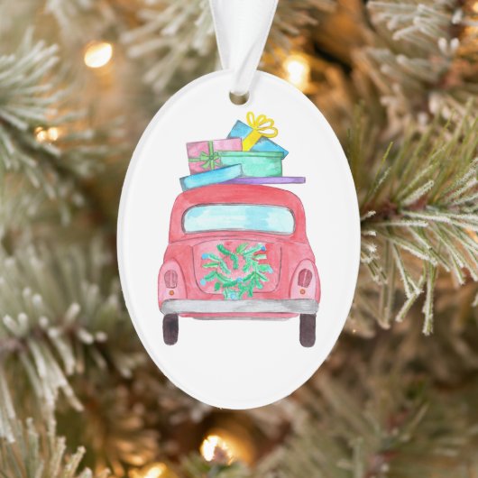 Rode auto met kerstcadeaus aquarel ornament (Boom)