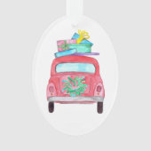 Rode auto met kerstcadeaus aquarel ornament (voorkant)