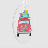 Rode auto met kerstcadeaus aquarel ornament (voorkant)