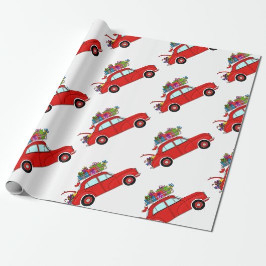 Rode auto met kerstcadeaus cadeaupapier (Uitgerold)
