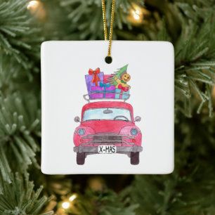 Rode auto met kerstcadeaus in waterverf keramisch ornament