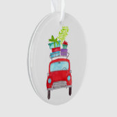 Rode auto met kerstcadeaus in waterverf ornament (voorkant)