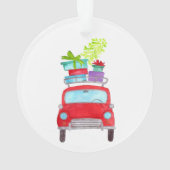 Rode auto met kerstcadeaus in waterverf ornament (achterkant)