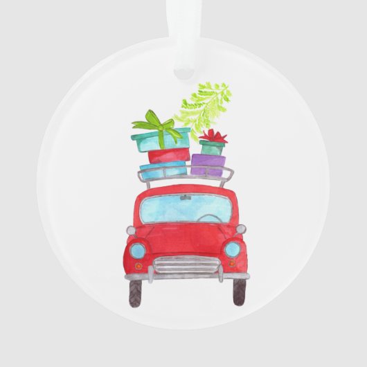 Rode auto met kerstcadeaus in waterverf ornament (achterkant)