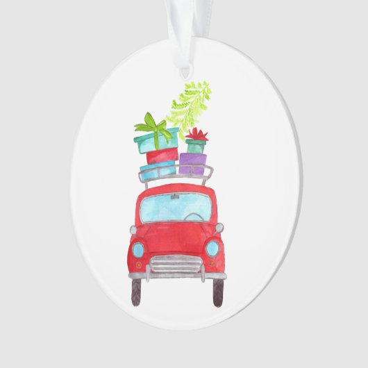 Rode auto met kerstcadeaus in waterverf ornament (voorkant)