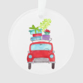 Rode auto met kerstcadeaus in waterverf ornament (voorkant)
