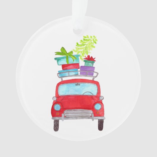 Rode auto met kerstcadeaus in waterverf ornament (voorkant)
