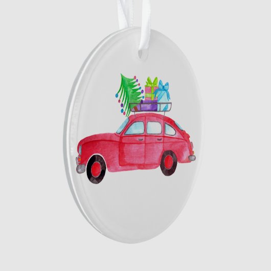 Rode auto met kerstcadeaus in waterverf ornament (voorkant)