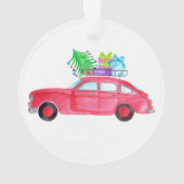 Rode auto met kerstcadeaus in waterverf ornament (achterkant)