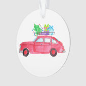 Rode auto met kerstcadeaus in waterverf ornament (voorkant)