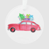 Rode auto met kerstcadeaus in waterverf ornament (voorkant)