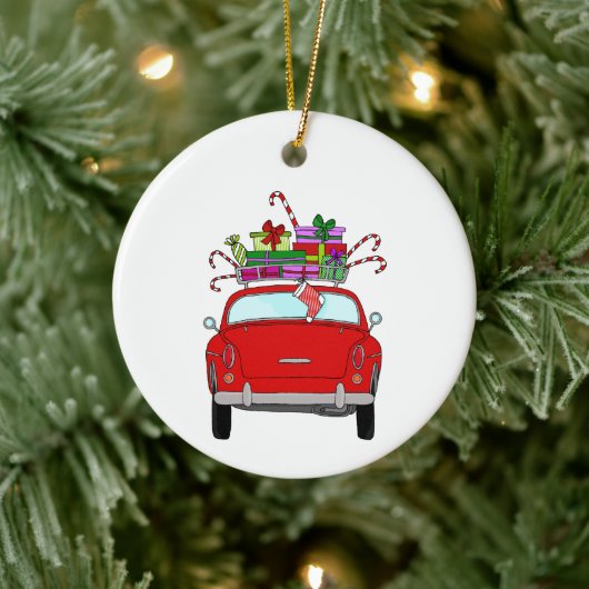 Rode auto met kerstcadeaus keramisch ornament (Boom)