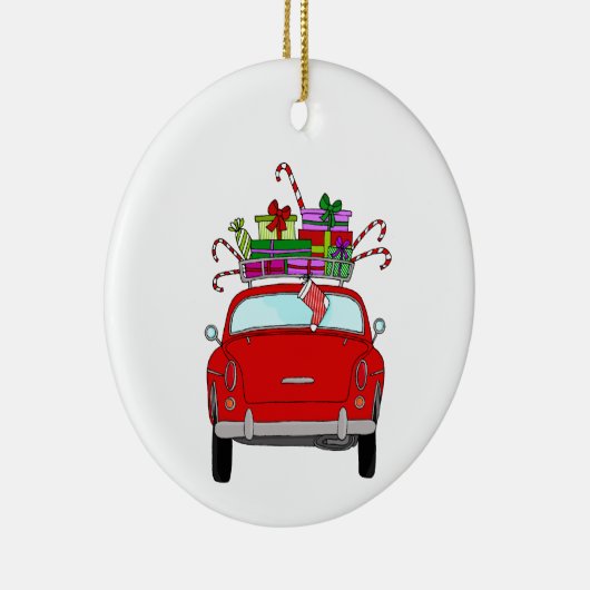 Rode auto met kerstcadeaus keramisch ornament (Rechts)