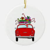 Rode auto met kerstcadeaus keramisch ornament (Voorkant)