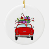 Rode auto met kerstcadeaus keramisch ornament (Achterkant)
