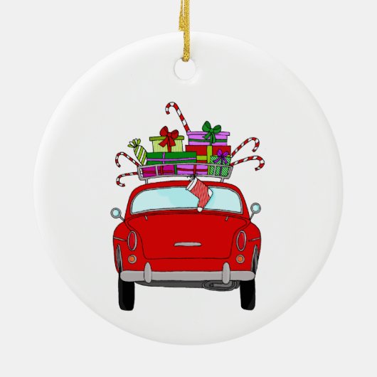 Rode auto met kerstcadeaus keramisch ornament (Achterkant)