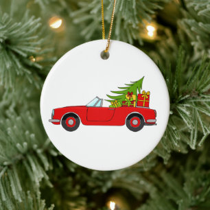 Rode auto met kerstcadeaus keramisch ornament