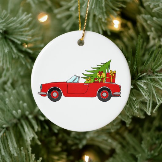 Rode auto met kerstcadeaus keramisch ornament (Boom)