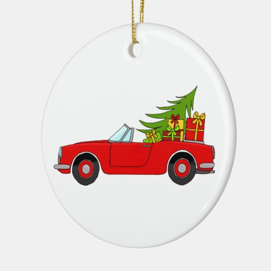 Rode auto met kerstcadeaus keramisch ornament (Links)