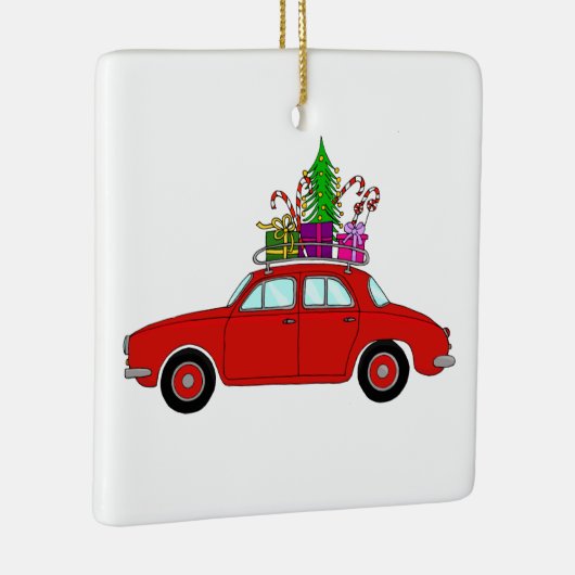 Rode auto met kerstcadeaus keramisch ornament (Rechts)