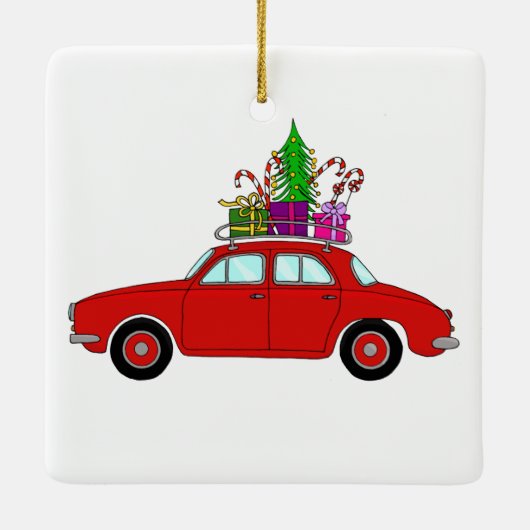 Rode auto met kerstcadeaus keramisch ornament (Achterkant)