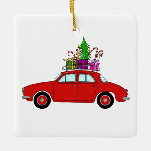 Rode auto met kerstcadeaus keramisch ornament (Voorkant)