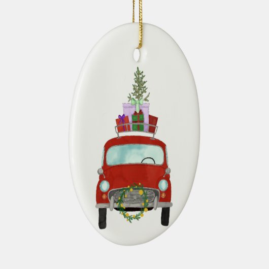 Rode auto met kerstcadeaus keramische kerstboomorn keramisch ornament (Rechts)