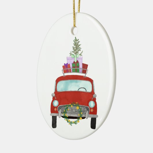 Rode auto met kerstcadeaus keramische kerstboomorn keramisch ornament (Links)