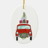 Rode auto met kerstcadeaus keramische kerstboomorn keramisch ornament (Voorkant)
