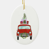 Rode auto met kerstcadeaus keramische kerstboomorn keramisch ornament (Achterkant)
