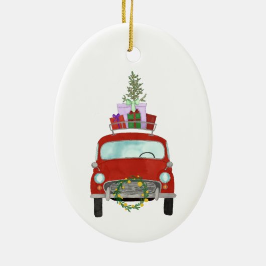Rode auto met kerstcadeaus keramische kerstboomorn keramisch ornament (Achterkant)