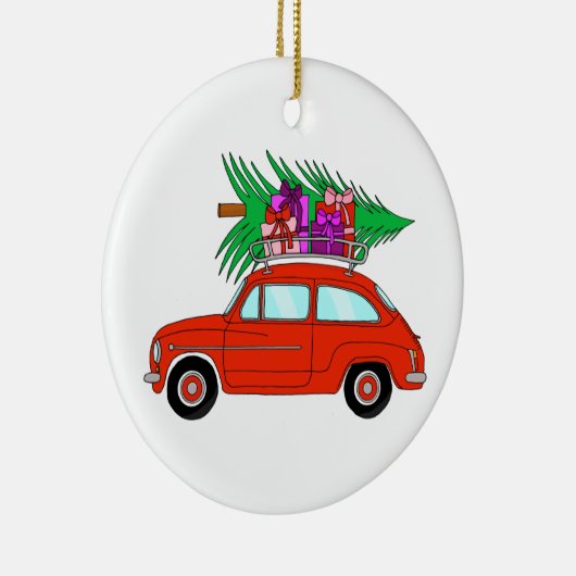 Rode auto met kerstcadeaus keramische ornament (Rechts)