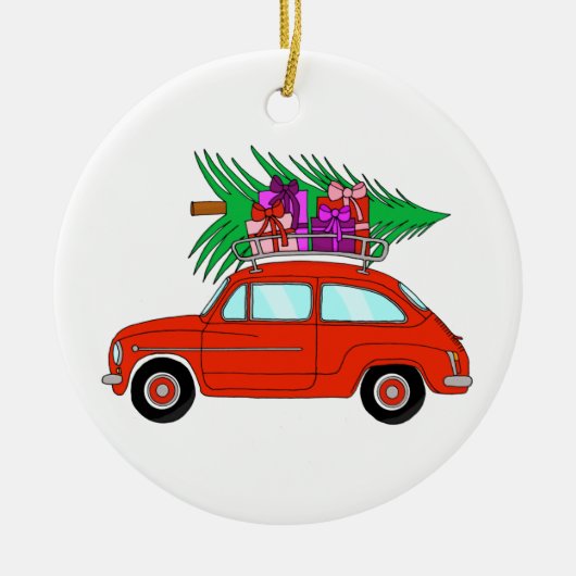 Rode auto met kerstcadeaus keramische ornament (Voorkant)