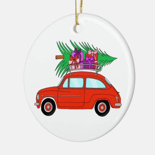 Rode auto met kerstcadeaus keramische ornament (Links)