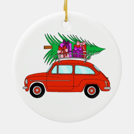 Rode auto met kerstcadeaus keramische ornament (Achterkant)