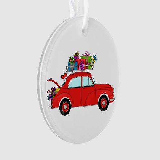Rode auto met kerstcadeaus ornament (voorkant)