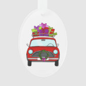 Rode auto met kerstcadeaus ornament (voorkant)