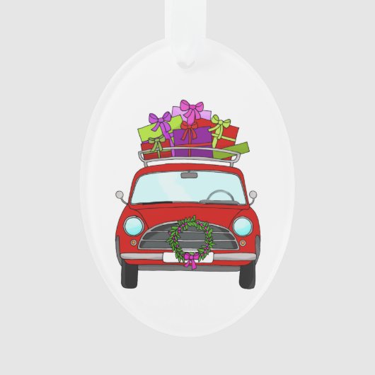 Rode auto met kerstcadeaus ornament (voorkant)